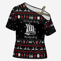 Viking Christmas Cross Shoulder Shirt with Fa La La La La Valhalla Quote and Longship Nordic Pattern - Wonder Print Shop