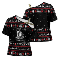 Viking Christmas Cross Shoulder Shirt with Fa La La La La Valhalla Quote and Longship Nordic Pattern - Wonder Print Shop