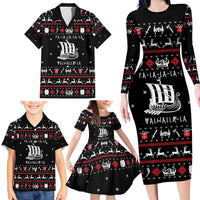 Viking Christmas Family Matching Long Sleeve Bodycon Dress and Hawaiian Shirt with Fa La La La La Valhalla Quote and Longship Nordic Pattern - Wonder Print Shop