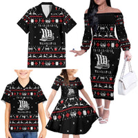 Viking Christmas Family Matching Off The Shoulder Long Sleeve Dress and Hawaiian Shirt with Fa La La La La Valhalla Quote and Longship Nordic Pattern - Wonder Print Shop