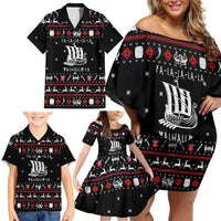 Viking Christmas Family Matching Off Shoulder Short Dress and Hawaiian Shirt with Fa La La La La Valhalla Quote and Longship Nordic Pattern - Wonder Print Shop