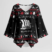 Viking Christmas Kimono Sleeve Blouse with Fa La La La La Valhalla Quote and Longship Nordic Pattern - Wonder Print Shop