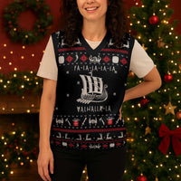 Viking Christmas Knitted V-Neck Vest with Fa La La La La Valhalla Quote and Longship Nordic Pattern - Wonder Print Shop