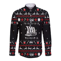 Viking Christmas Long Sleeve Button Shirt with Fa La La La La Valhalla Quote and Longship Nordic Pattern - Wonder Print Shop