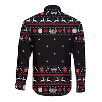 Viking Christmas Long Sleeve Button Shirt with Fa La La La La Valhalla Quote and Longship Nordic Pattern - Wonder Print Shop