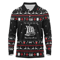 Viking Christmas Long Sleeve Polo Shirt with Fa La La La La Valhalla Quote and Longship Nordic Pattern - Wonder Print Shop