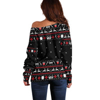 Viking Christmas Off Shoulder Sweater with Fa La La La La Valhalla Quote and Longship Nordic Pattern - Wonder Print Shop