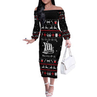 Viking Christmas Off The Shoulder Long Sleeve Dress with Fa La La La La Valhalla Quote and Longship Nordic Pattern - Wonder Print Shop