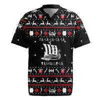 Viking Christmas Rugby Jersey with Fa La La La La Valhalla Quote and Longship Nordic Pattern - Wonder Print Shop