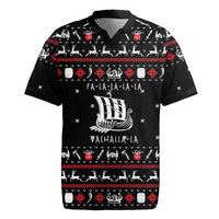 Viking Christmas Rugby Jersey with Fa La La La La Valhalla Quote and Longship Nordic Pattern - Wonder Print Shop