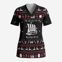 Viking Christmas Scrub Top with Fa La La La La Valhalla Quote and Longship Nordic Pattern - Wonder Print Shop