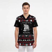 Viking Christmas Scrub Top with Fa La La La La Valhalla Quote and Longship Nordic Pattern - Wonder Print Shop