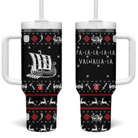 Viking Christmas Tumbler With Handle with Fa La La La La Valhalla Quote and Longship Nordic Pattern - Wonder Print Shop