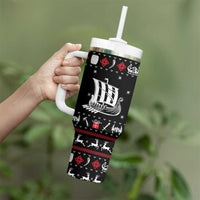Viking Christmas Tumbler With Handle with Fa La La La La Valhalla Quote and Longship Nordic Pattern - Wonder Print Shop