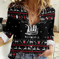 Viking Christmas Women Casual Shirt with Fa La La La La Valhalla Quote and Longship Nordic Pattern - Wonder Print Shop