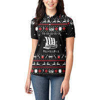 Viking Christmas Women Polo Shirt with Fa La La La La Valhalla Quote and Longship Nordic Pattern - Wonder Print Shop
