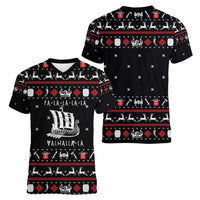 Viking Christmas Women V-Neck T-Shirt with Fa La La La La Valhalla Quote and Longship Nordic Pattern - Wonder Print Shop