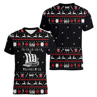 Viking Christmas Women V-Neck T-Shirt with Fa La La La La Valhalla Quote and Longship Nordic Pattern - Wonder Print Shop