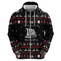 Viking Christmas Zip Hoodie with Fa La La La La Valhalla Quote and Longship Nordic Pattern - Wonder Print Shop
