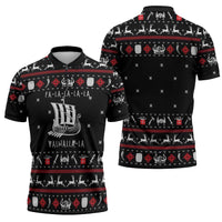 Viking Christmas Zipper Polo Shirt with Fa La La La La Valhalla Quote and Longship Nordic Pattern - Wonder Print Shop