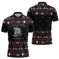 Viking Christmas Zipper Polo Shirt with Fa La La La La Valhalla Quote and Longship Nordic Pattern - Wonder Print Shop