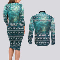 Viking Valhalla Christmas Couples Matching Long Sleeve Bodycon Dress and Long Sleeve Button Shirt with Norse Symbols Raven and Fa La La La Design - Wonder Print Shop