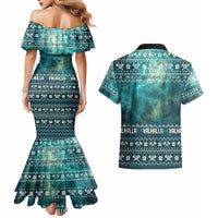 Viking Valhalla Christmas Couples Matching Mermaid Dress and Hawaiian Shirt with Norse Symbols Raven and Fa La La La Design - Wonder Print Shop