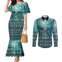 Viking Valhalla Christmas Couples Matching Mermaid Dress and Long Sleeve Button Shirt with Norse Symbols Raven and Fa La La La Design - Wonder Print Shop