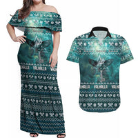 Viking Valhalla Christmas Couples Matching Off Shoulder Maxi Dress and Hawaiian Shirt with Norse Symbols Raven and Fa La La La Design - Wonder Print Shop