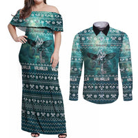 Viking Valhalla Christmas Couples Matching Off Shoulder Maxi Dress and Long Sleeve Button Shirt with Norse Symbols Raven and Fa La La La Design - Wonder Print Shop