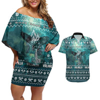 Viking Valhalla Christmas Couples Matching Off Shoulder Short Dress and Hawaiian Shirt with Norse Symbols Raven and Fa La La La Design - Wonder Print Shop