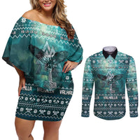 Viking Valhalla Christmas Couples Matching Off Shoulder Short Dress and Long Sleeve Button Shirt with Norse Symbols Raven and Fa La La La Design - Wonder Print Shop
