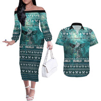 Viking Valhalla Christmas Couples Matching Off The Shoulder Long Sleeve Dress and Hawaiian Shirt with Norse Symbols Raven and Fa La La La Design - Wonder Print Shop