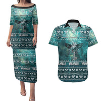 Viking Valhalla Christmas Couples Matching Puletasi and Hawaiian Shirt with Norse Symbols Raven and Fa La La La Design - Wonder Print Shop