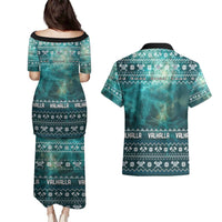 Viking Valhalla Christmas Couples Matching Puletasi and Hawaiian Shirt with Norse Symbols Raven and Fa La La La Design - Wonder Print Shop