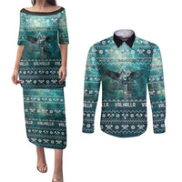 Viking Valhalla Christmas Couples Matching Puletasi and Long Sleeve Button Shirt with Norse Symbols Raven and Fa La La La Design - Wonder Print Shop