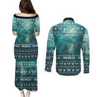 Viking Valhalla Christmas Couples Matching Puletasi and Long Sleeve Button Shirt with Norse Symbols Raven and Fa La La La Design - Wonder Print Shop