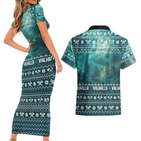 Viking Valhalla Christmas Couples Matching Short Sleeve Bodycon Dress and Hawaiian Shirt with Norse Symbols Raven and Fa La La La Design - Wonder Print Shop