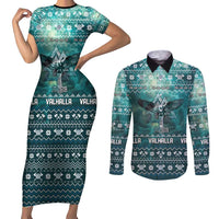 Viking Valhalla Christmas Couples Matching Short Sleeve Bodycon Dress and Long Sleeve Button Shirt with Norse Symbols Raven and Fa La La La Design - Wonder Print Shop