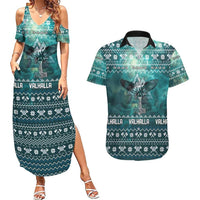 Viking Valhalla Christmas Couples Matching Summer Maxi Dress and Hawaiian Shirt with Norse Symbols Raven and Fa La La La Design - Wonder Print Shop