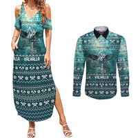 Viking Valhalla Christmas Couples Matching Summer Maxi Dress and Long Sleeve Button Shirt with Norse Symbols Raven and Fa La La La Design - Wonder Print Shop