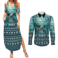 Viking Valhalla Christmas Couples Matching Summer Maxi Dress and Long Sleeve Button Shirt with Norse Symbols Raven and Fa La La La Design - Wonder Print Shop