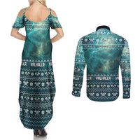 Viking Valhalla Christmas Couples Matching Summer Maxi Dress and Long Sleeve Button Shirt with Norse Symbols Raven and Fa La La La Design - Wonder Print Shop
