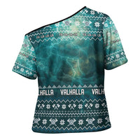 Viking Valhalla Christmas Cross Shoulder Shirt with Norse Symbols Raven and Fa La La La Design - Wonder Print Shop