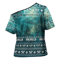 Viking Valhalla Christmas Cross Shoulder Shirt with Norse Symbols Raven and Fa La La La Design - Wonder Print Shop