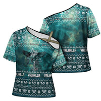 Viking Valhalla Christmas Cross Shoulder Shirt with Norse Symbols Raven and Fa La La La Design - Wonder Print Shop