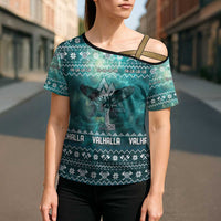 Viking Valhalla Christmas Cross Shoulder Shirt with Norse Symbols Raven and Fa La La La Design - Wonder Print Shop