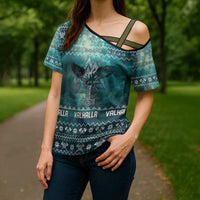Viking Valhalla Christmas Cross Shoulder Shirt with Norse Symbols Raven and Fa La La La Design - Wonder Print Shop