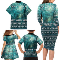 Viking Valhalla Christmas Family Matching Long Sleeve Bodycon Dress and Hawaiian Shirt with Norse Symbols Raven and Fa La La La Design - Wonder Print Shop