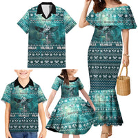 Viking Valhalla Christmas Family Matching Mermaid Dress and Hawaiian Shirt with Norse Symbols Raven and Fa La La La Design - Wonder Print Shop